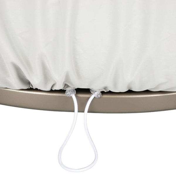Light gray protective cover with smooth texture, featuring white drawstrings and a taupe base for secure fastening.