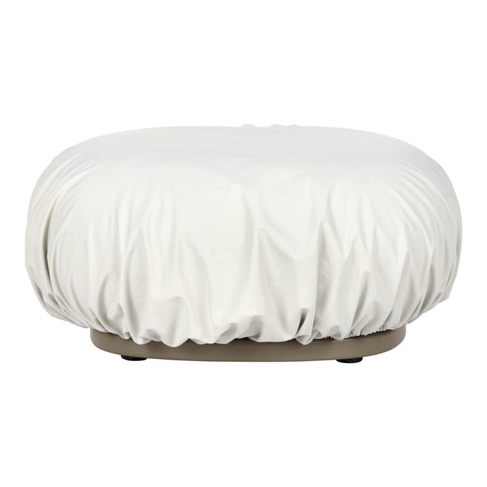 Round ottoman with a smooth white fabric cover and subtle gathered texture on a light beige base.