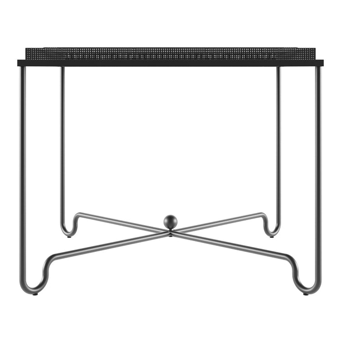 Black square table with a textured top and sleek metal legs in a chrome finish, featuring a minimalist design.