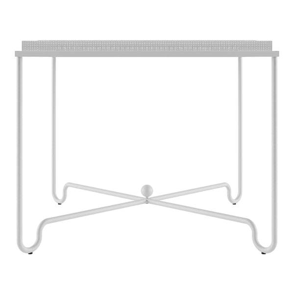 White metal side table with a sleek, minimalist design and delicate detailing on the tabletop edges.