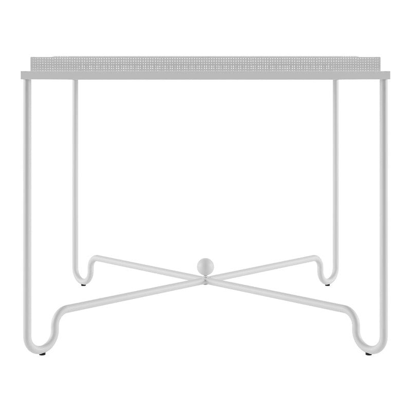White metal side table with a sleek, minimalist design and delicate detailing on the tabletop edges.