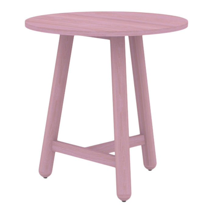 "Round pink side table with a smooth finish and light wood legs, perfect for modern decor."