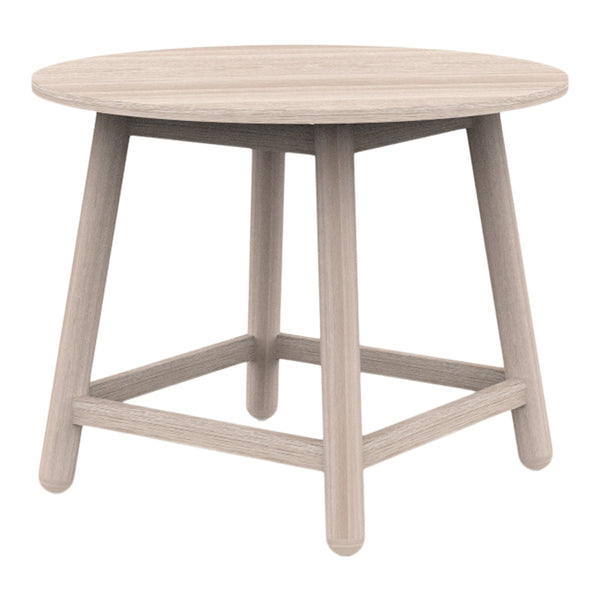 Round light wood table with a smooth surface and natural grain pattern, featuring minimalistic design and neutral tones.