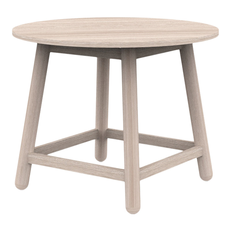 Round light wood table with a smooth surface and natural grain pattern, featuring minimalistic design and neutral tones.