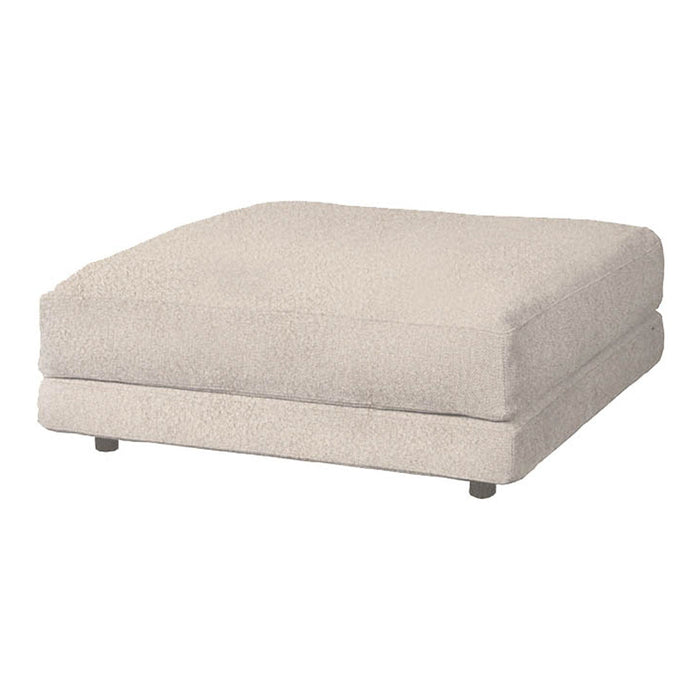Soft beige square ottoman with a plush texture and smooth edge, perfect for cozy interiors.