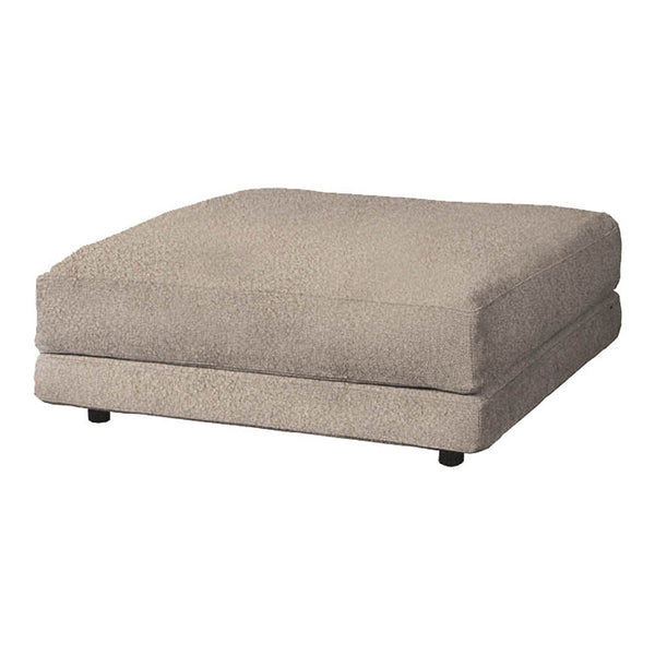 Beige square ottoman with a smooth, textured surface and black feet, perfect for modern living spaces.
