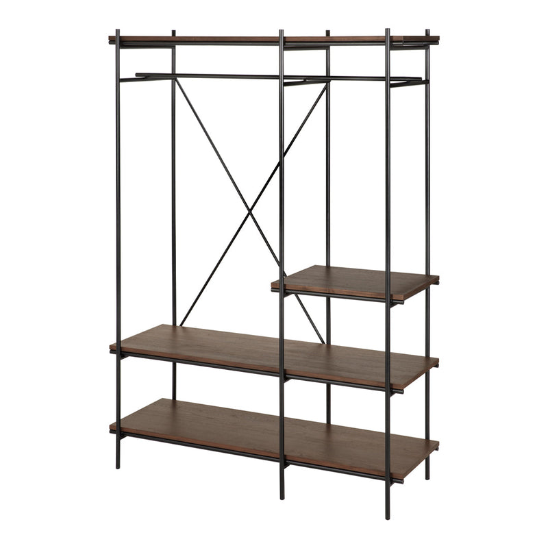 Industrial-style shelving unit with dark metal frame and rich brown wooden shelves. Minimalist design and clean lines.