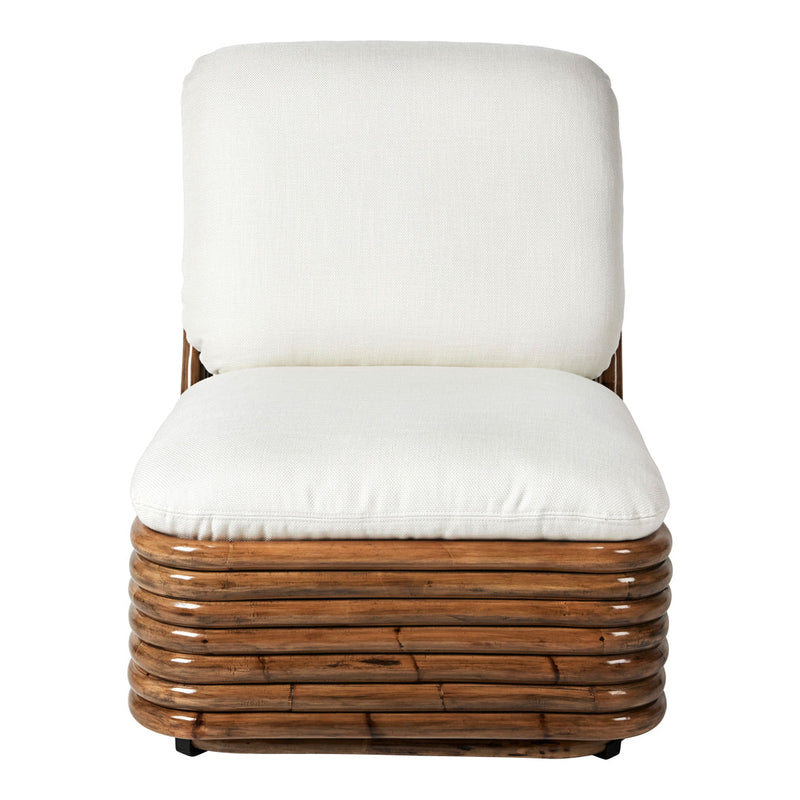 White cushioned chair with a natural wood frame featuring horizontal patterns and a sleek, modern design.