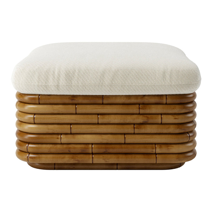 Natural bamboo ottoman with a textured cream cushion top. Modern design featuring warm wood tones and soft neutral colors.
