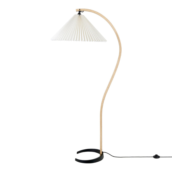 Elegant floor lamp featuring a white pleated shade, natural wood base, and sleek black accent.