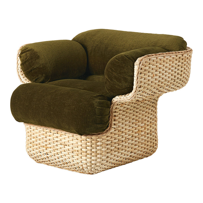 Olive green plush cushions atop a woven beige base, featuring a modern, curved design. Perfect for stylish interiors.