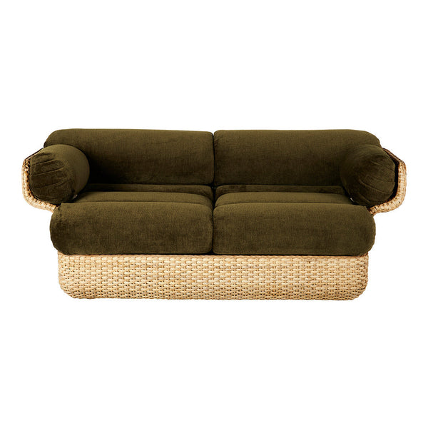 Olive green plush upholstery with natural woven rattan base and curved armrests, offering a cozy, stylish design.