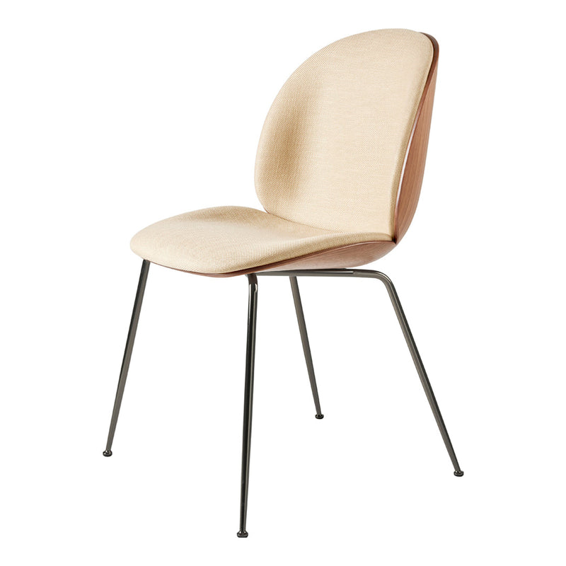 Light beige upholstered chair with a smooth wood back and black metal legs, featuring a minimalist design and sleek lines.