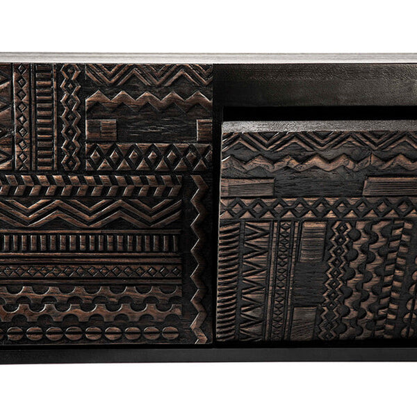 Textured dark wood storage unit featuring intricate zigzag and geometric patterns in rich brown tones.
