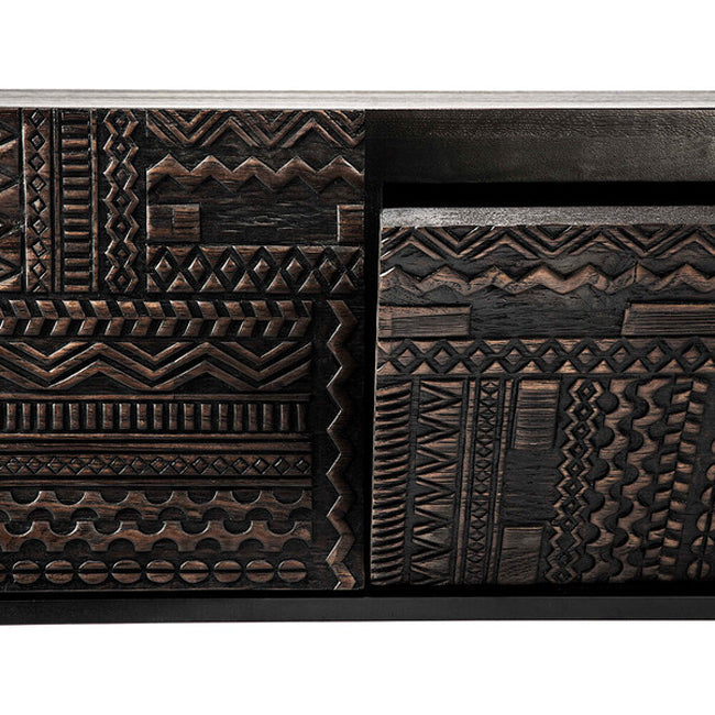 Textured dark wood storage unit featuring intricate zigzag and geometric patterns in rich brown tones.