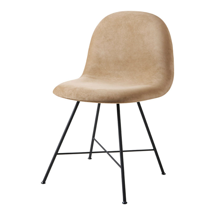 Beige velvet dining chair with sleek black metal legs, offering a modern and minimalist design.