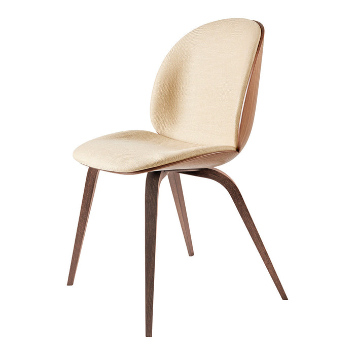 Beige upholstered chair with smooth curves and wooden legs, offering a modern, minimalist design.