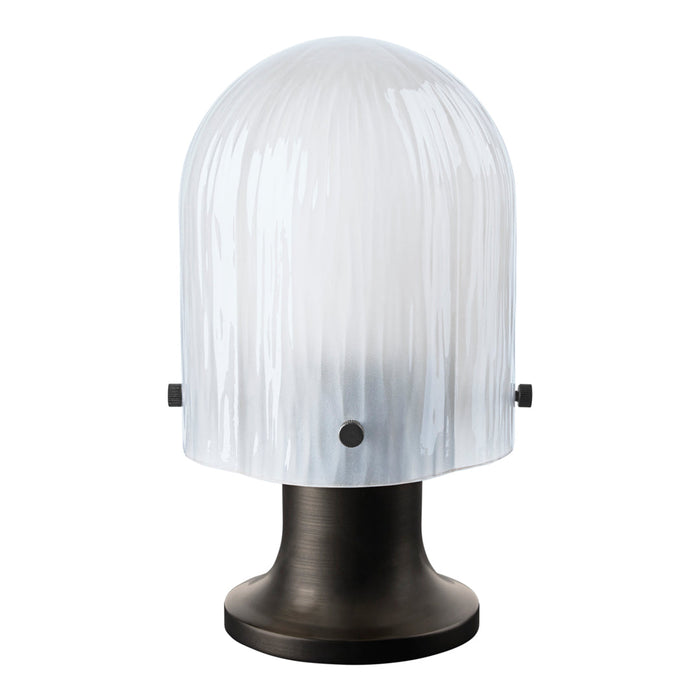 Clear ribbed glass lamp shade with a sleek black base, featuring subtle texture and modern design elements.