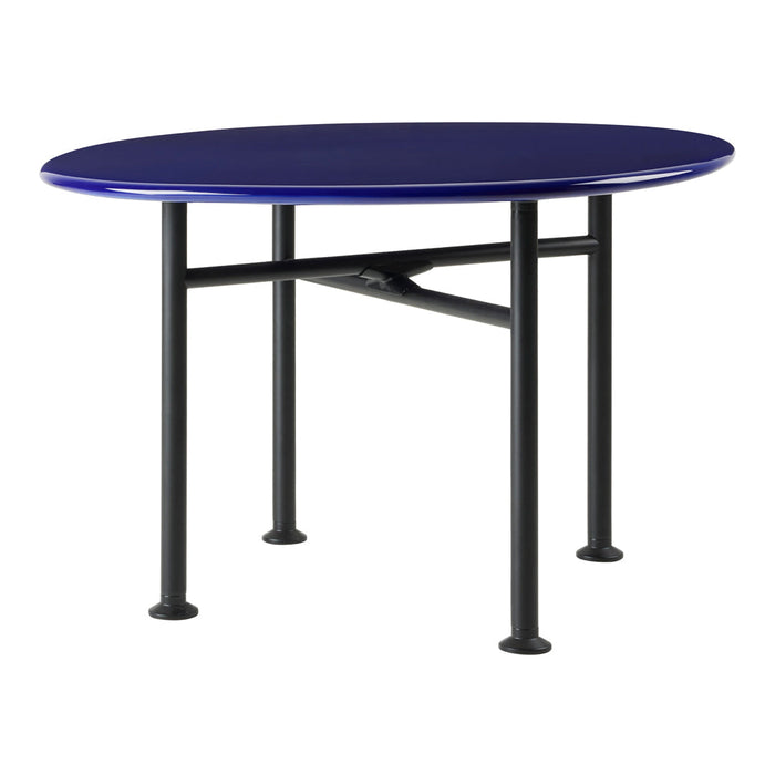 Oval table with a vibrant blue top and sleek black legs. Modern design ideal for contemporary spaces.