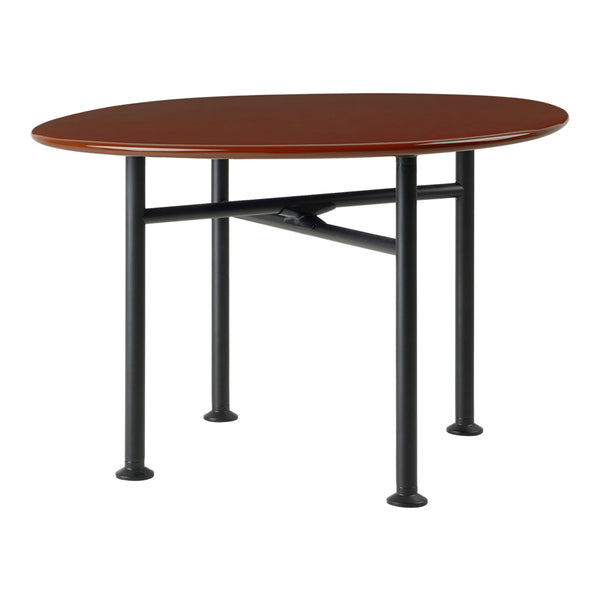 Brown oval tabletop with black metal legs and a minimal design, perfect for modern dining spaces.