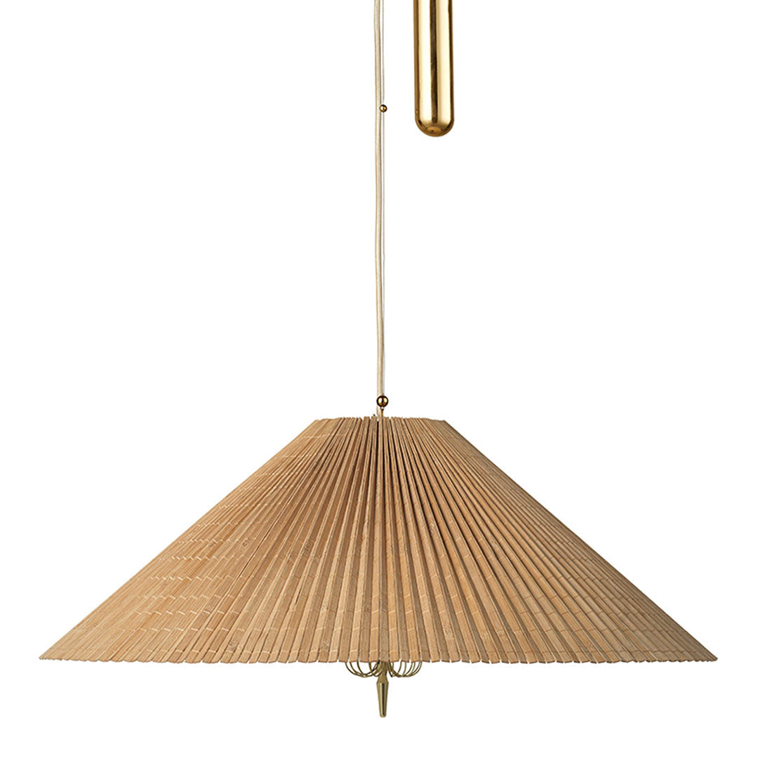 Beige pleated paper pendant lamp with gold accents, featuring a sleek modern design and textured pattern.