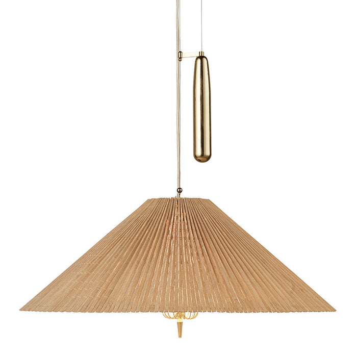 Modern beige pleated pendant lamp with a brass pull chain and textured surface, perfect for home décor.