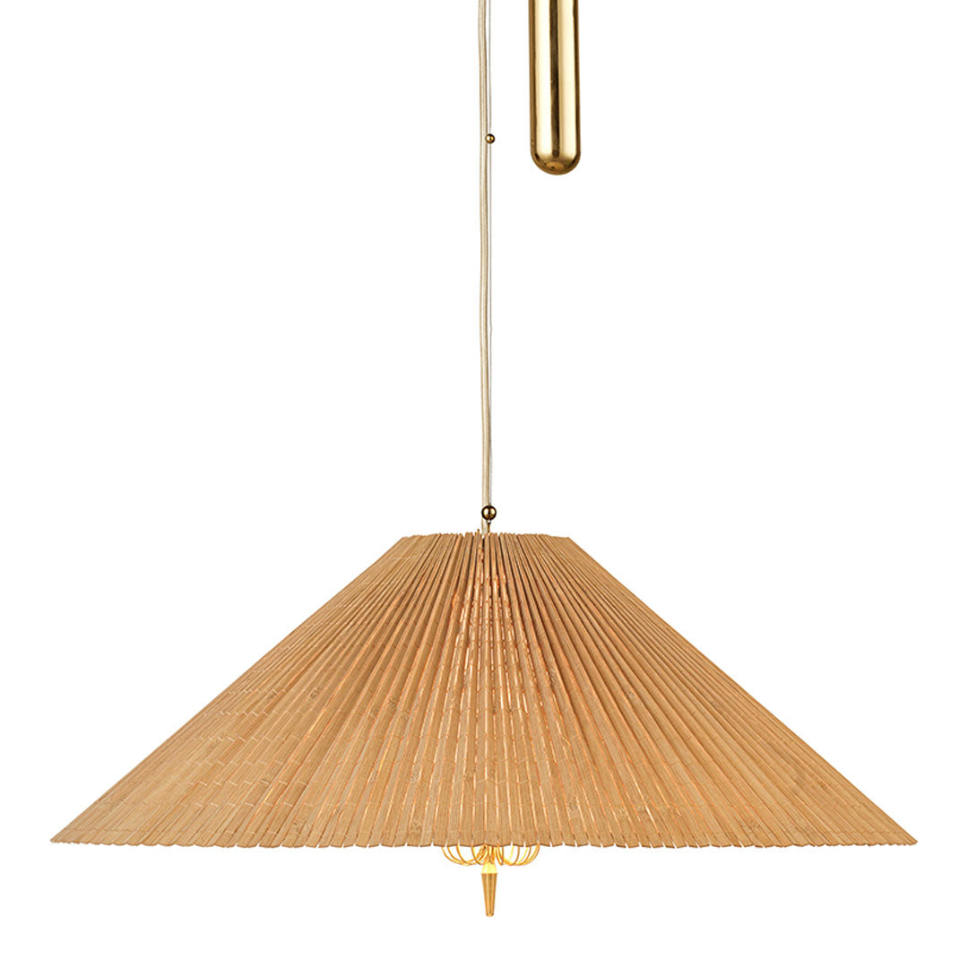 Natural wood-colored pendant lamp with a pleated design and gold accents, perfect for modern decor.