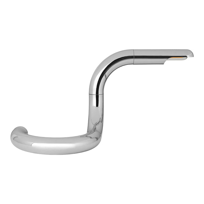 Sleek chrome faucet with a modern, curved design and a shiny finish, showcasing contemporary elegance and minimalism.