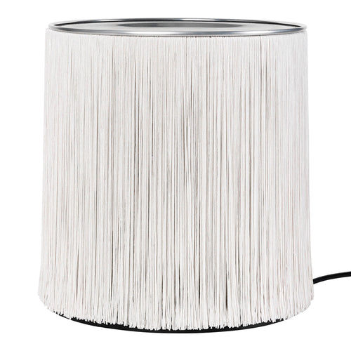 White fringe lamp with a sleek metallic base, adding a textured, modern touch to any decor.