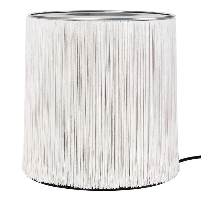 White fringe lamp with a sleek metallic base, adding a textured, modern touch to any decor.