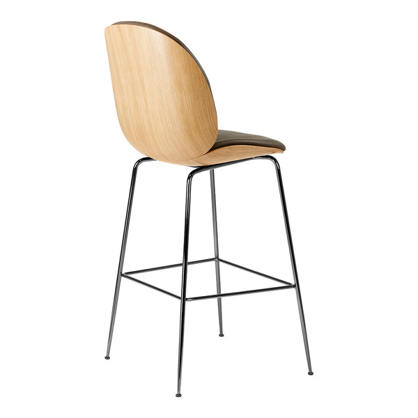 Wooden bar stool with a natural finish and a sleek black metal frame, featuring a minimalist design.