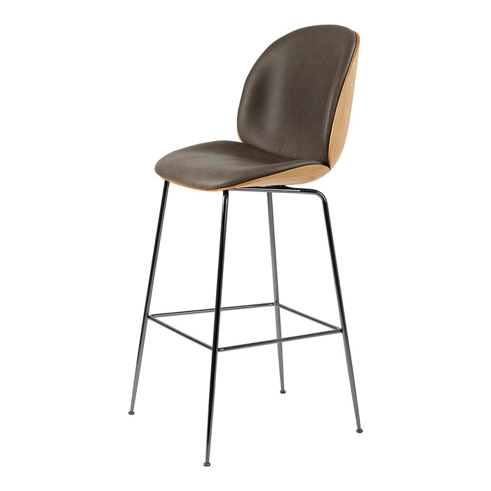 Dark brown upholstered seat with a light wood backrest and sleek black metal legs, showcasing a modern minimalist design.