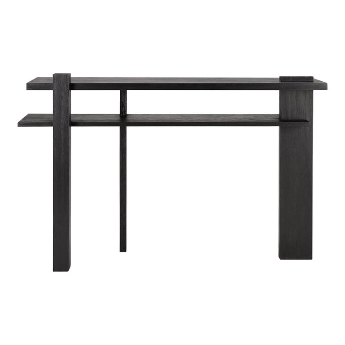 Black wooden console table with a minimalist design and sleek lines, featuring a smooth finish and open shelving.