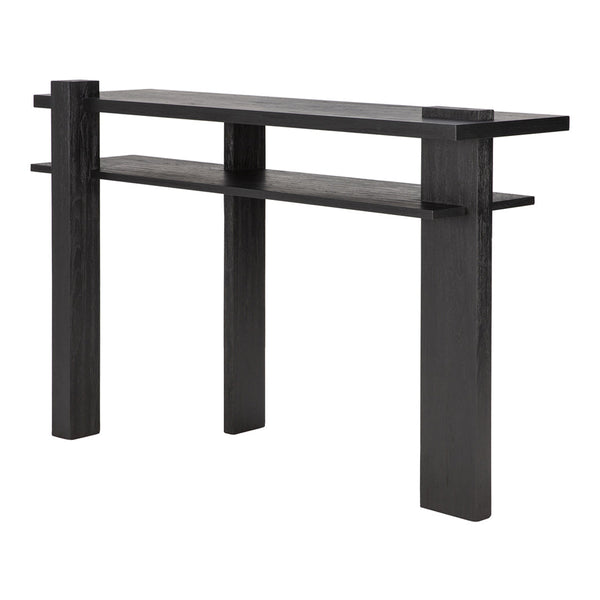 Sleek black console table with clean lines and minimalistic design, featuring two open shelves.