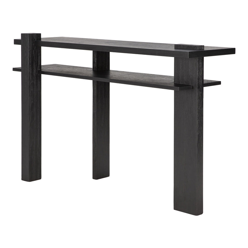 Sleek black console table with clean lines and minimalistic design, featuring two open shelves.