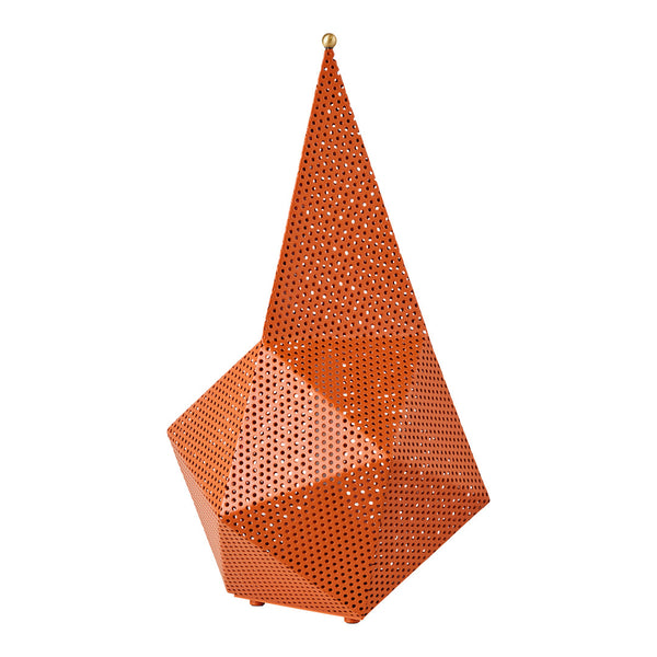 Orange geometric sculpture with intricate perforated patterns and sharp angles. Perfect for modern decor.