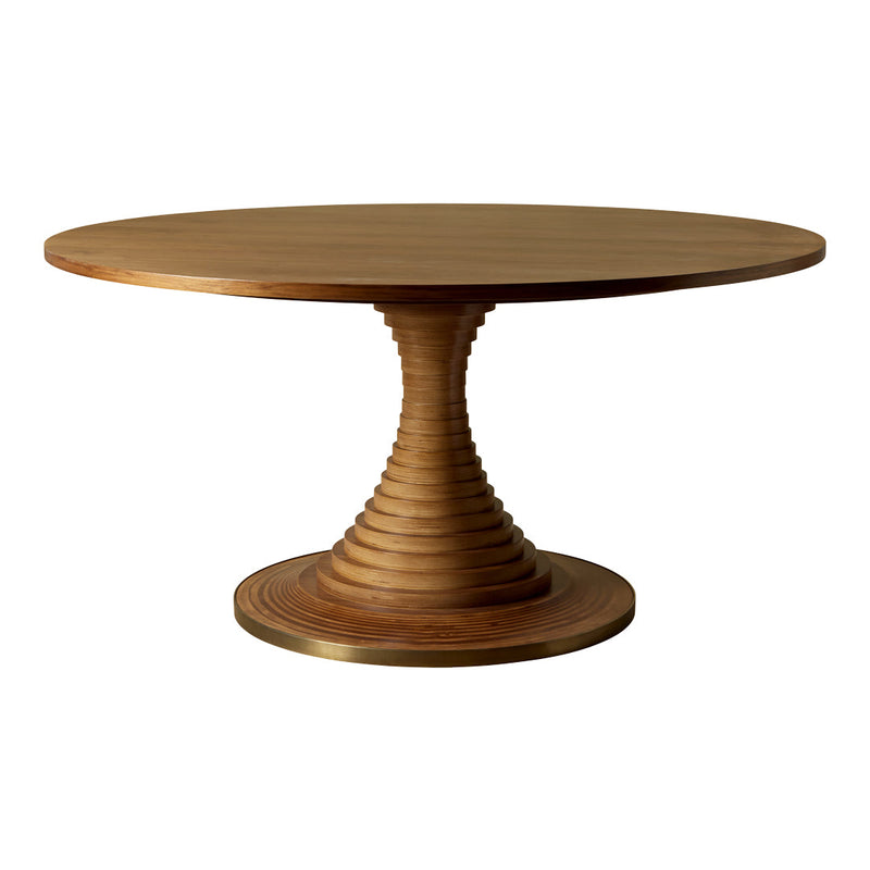 Round wooden table with a smooth, warm brown finish and spiral-patterned base, offering a modern aesthetic.