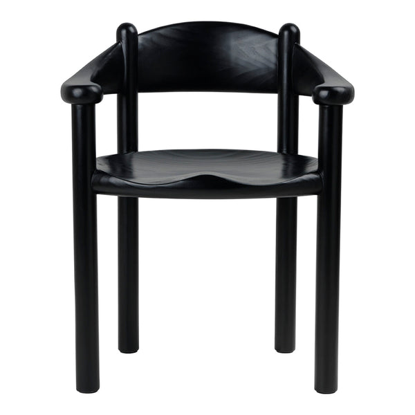 Black chair with a smooth finish and minimalist design, featuring sleek cylindrical arms and legs.