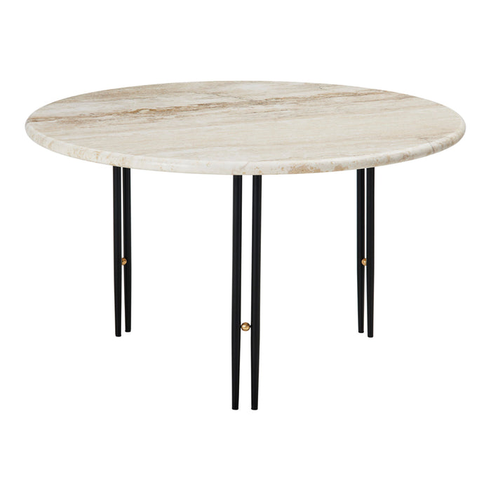 Round marble table with a light beige and creamy pattern, featuring black legs with gold accents.