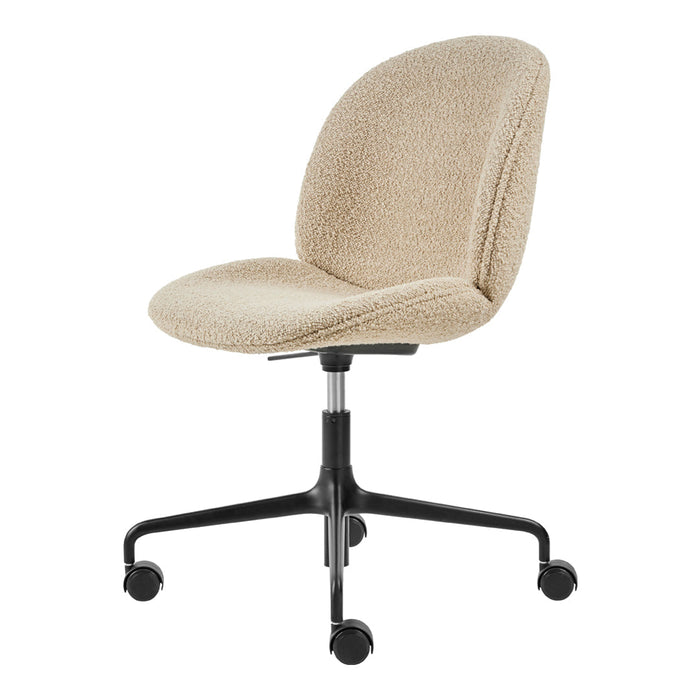 Beige, textured fabric office chair on a black wheeled base, showcasing a minimalist design.