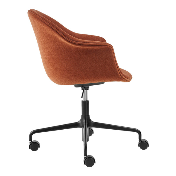 Orange upholstered swivel chair with a sleek black base and casters, featuring a modern and minimalist design.