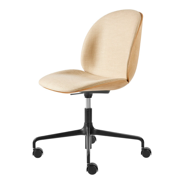 Beige upholstered office chair with a smooth finish and black swivel base. Modern and minimalist design.