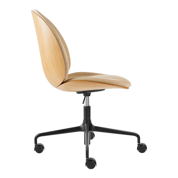 Modern wooden chair in light beige with a sleek black rolling base, featuring a minimalist, curved design.
