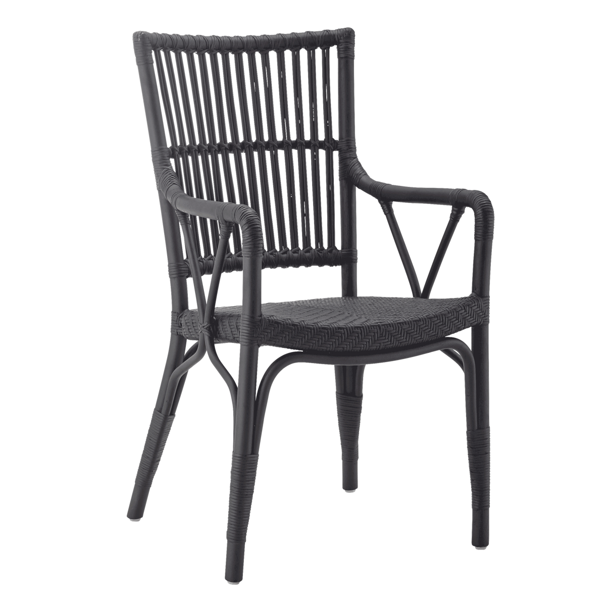 Stylish black chair featuring a modern woven pattern and sleek design, perfect for indoor and outdoor use.