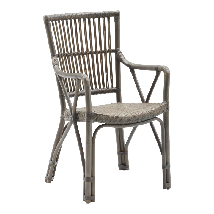 "Stylish gray woven chair with a natural rattan finish and striated backrest design."