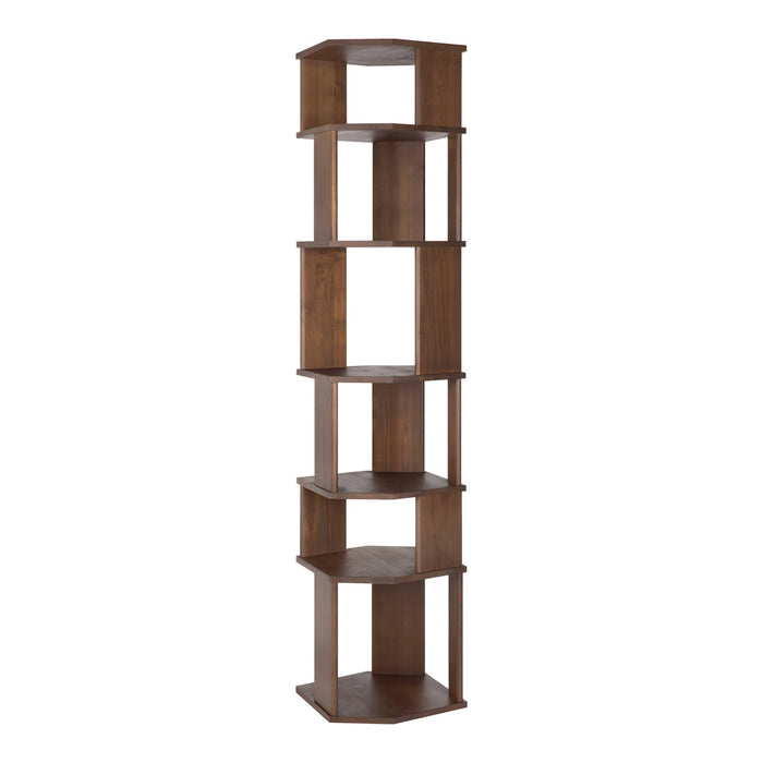Tall wooden shelving unit in warm brown tones with a modern geometric design.