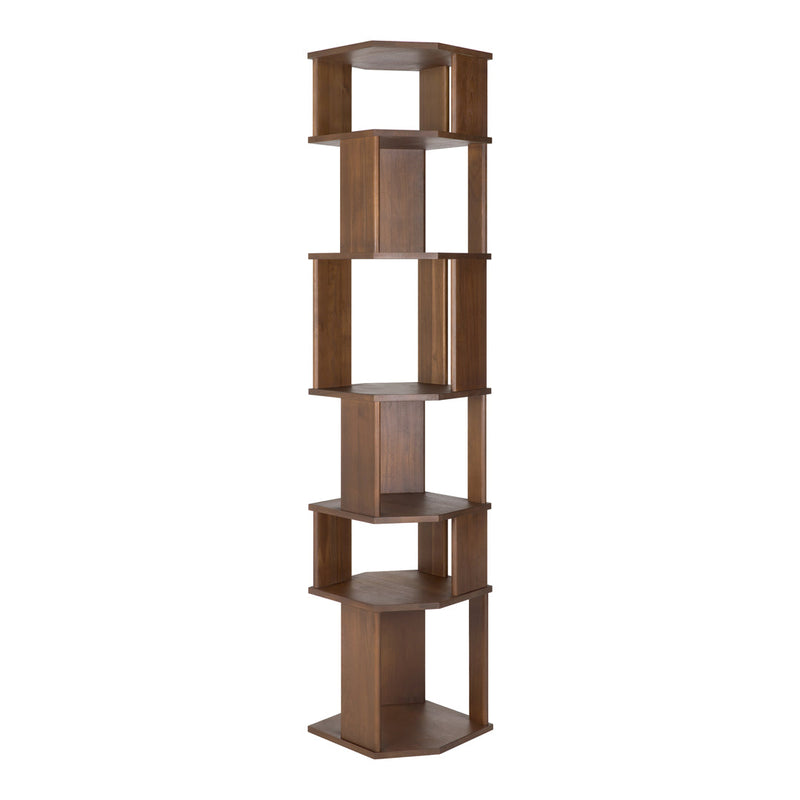 Tall, modern bookshelf with a rich walnut finish and a geometric open design, showcasing a sleek, minimalist style.