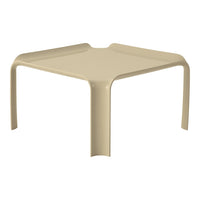 Beige square table with smooth, minimalist design and rounded corners, perfect for modern decor.