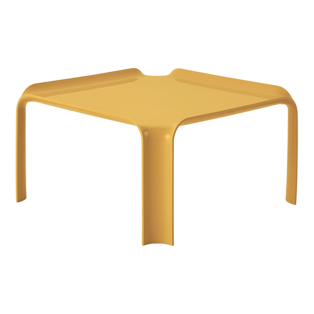 Bright yellow square table with smooth, rounded edges. Modern design with a vibrant color for contemporary decor.