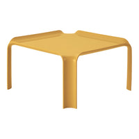 Bright yellow square table with smooth, rounded edges. Modern design with a vibrant color for contemporary decor.